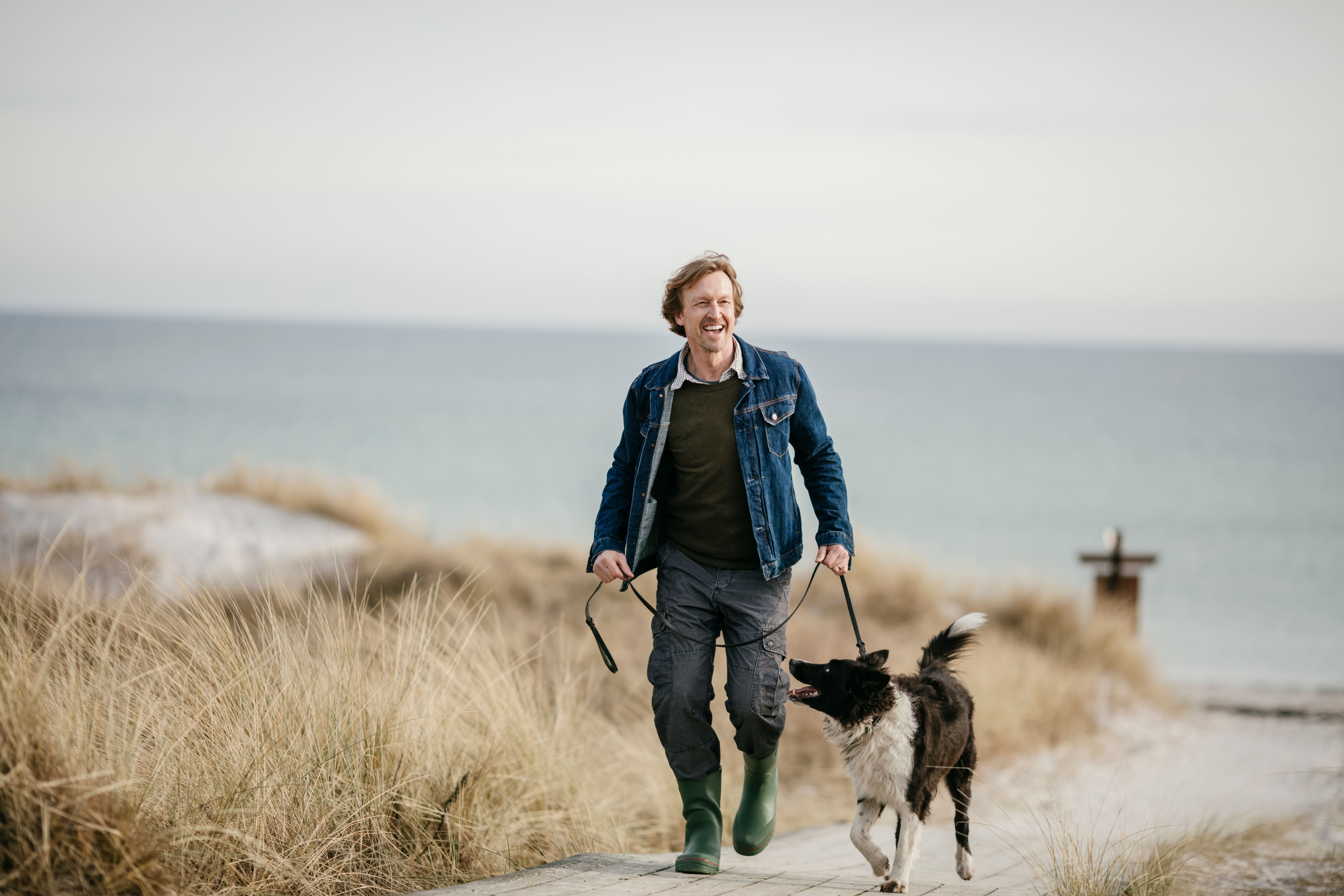 A dog enjoying an outdoor walk with its person